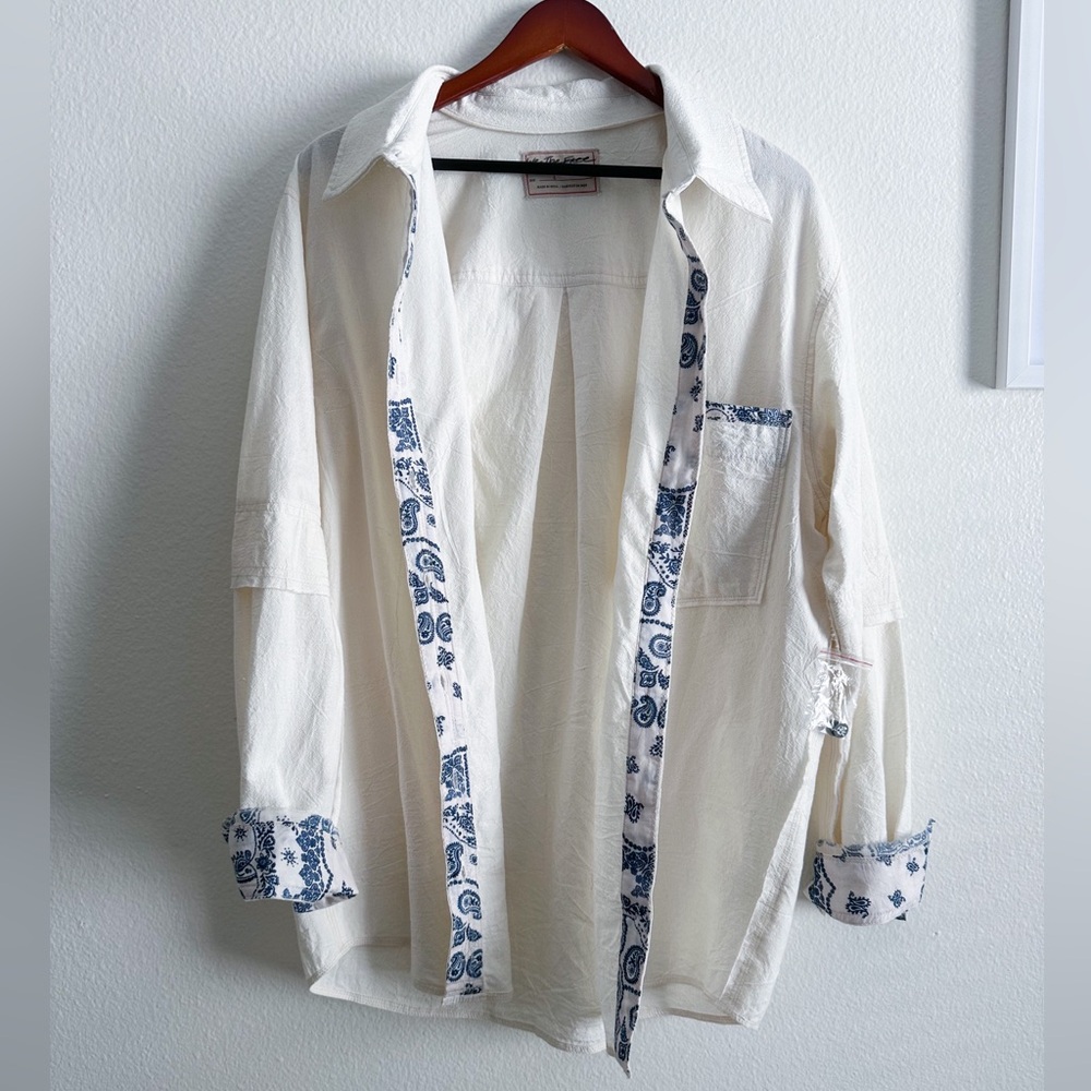 NWOT Free People We The Free Two To One Shirt Ivory Combo Size Large - Picture 3 of 12